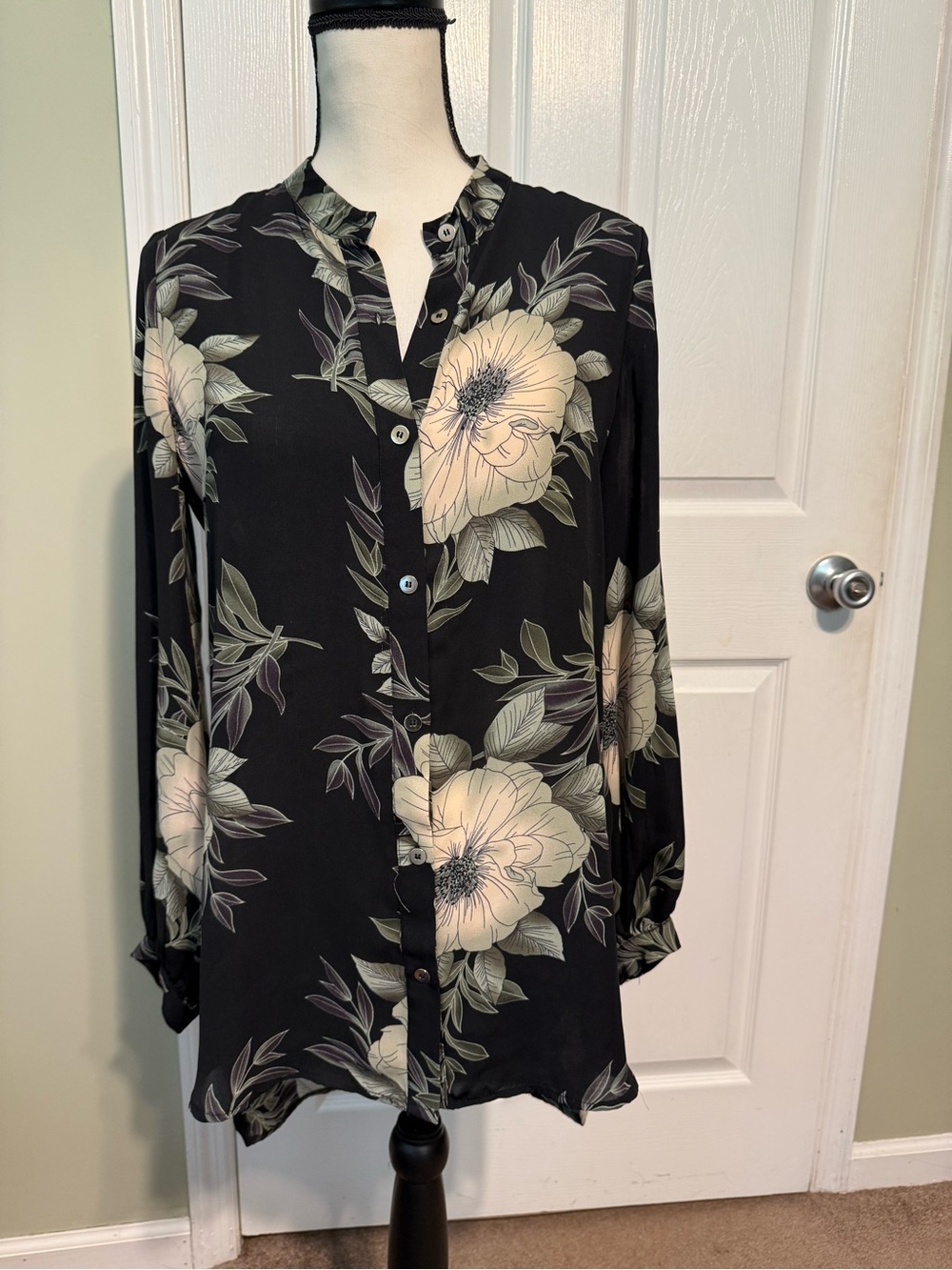 Joan Vass Black and Cream Floral Blouse